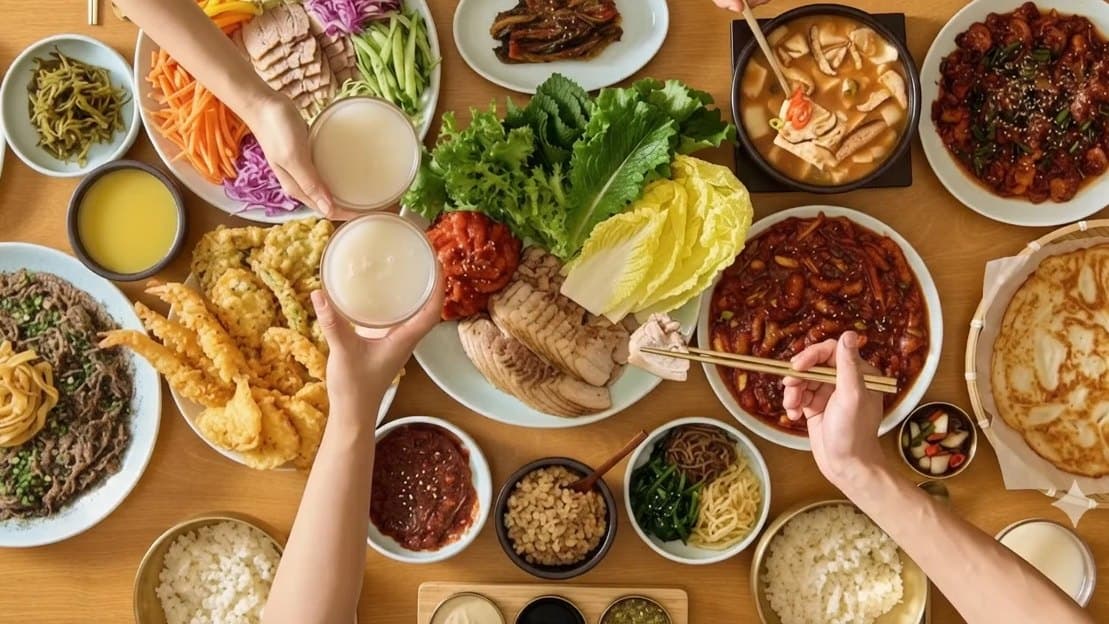 한상 위로 손을 뻗어 음식을 나누는 장면